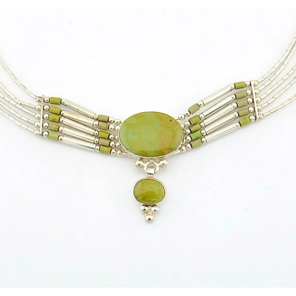 Sterling Silver Green Turquoise Multi Strand Liquid Silver Necklace Adjustable